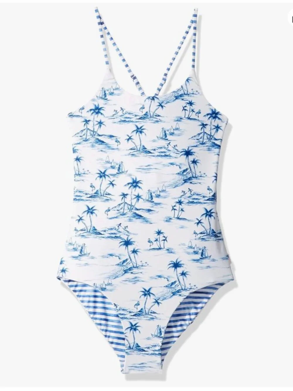 Seafolly Girls' Reversible High Neck Tank One Piece Swimsuit Tropical Vibes Blue